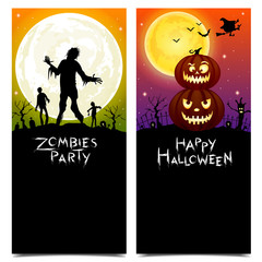 Verticle  banners set design, Happy Halloween and Zombies party,  illustration