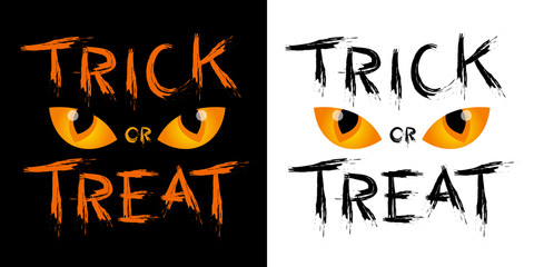Trick or treat text design with eye. Hand drawn Halloween lettering. This illustration can be used as a greeting card, poster or print.