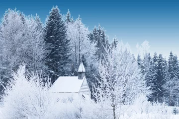 Photo sur Plexiglas Hiver Snow-capped little wooden chapel in frosty winter forest