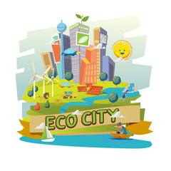 green eco city, wind turbines and solar panels, concept for rene