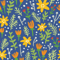 Blue background seamless pattern with colorful flowers