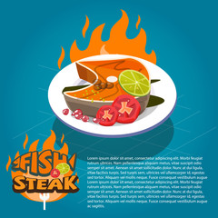 Fish Steak on dish with vegetables. typographic design - vector
