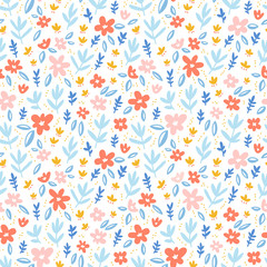 Colorful flowers on white background seamless pattern