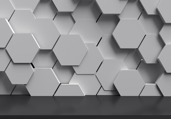 Abstract futuristic dark floor with white hexagons background, 3D rendering
