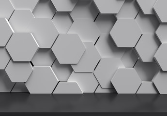 Abstract futuristic dark floor with white hexagons background, 3D rendering
