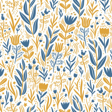 Gold And Dark Blue Floral Seamless Pattern