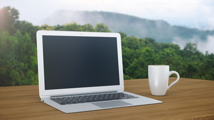 Laptop and coffee mugs on wooden table with mountain view.3D rendering.