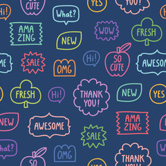 Colorful outline phrases seamless pattern on blue background