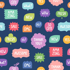 Colorful phrases seamless pattern on blue background