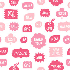 Pink color phrases seamless pattern on white background