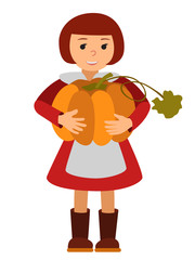 Vector illustration cute little girl holding a big pumpkin isolated on white background for Happy Thanksgiving Day celebrations.