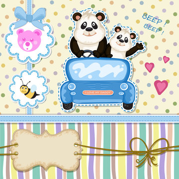 Daddy and baby panda in a blue car. Baby shower invitation