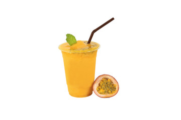 Mango passion fruit smoothie on white background