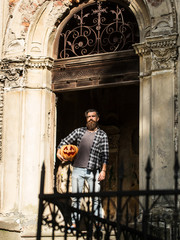 halloween man with pumpkin