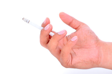 Cigarette in a fingers on white background