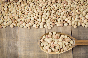 Grains of lentils in wooden spoon