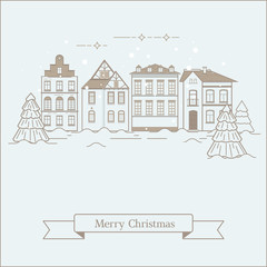 Winter landscape of the old town and the inscription Merry Christmas in linear style