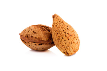 Almond nut in shell and shelled isolated on white background
