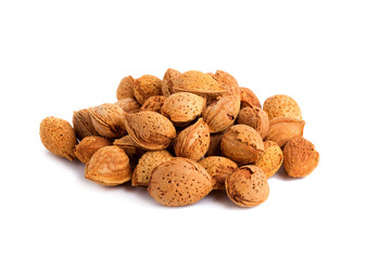 Almond nut in shell and shelled isolated on white background