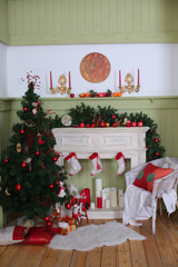 Christmas Tree in Room, Xmas Home Night Interior