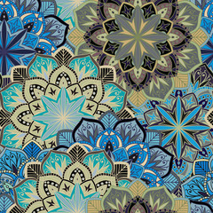 Seamless round ornament pattern for printing on fabric or paper. Hand drawn background. Elements for your design.
