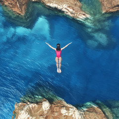 Woman jumping off cliff