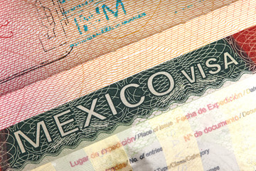 visa of Mexico in the international passport and Mexican pesos, closeup.. - 122776478