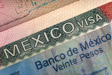 visa of Mexico in the international passport and Mexican pesos, closeup..