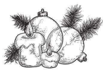 Christmas icon. Vector hand drawn of christmas decorations isolated on white background