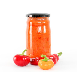 Traditional Macedonian food. Ajvar in jar . homemade product