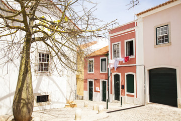 Typical Portuguese old narrow street, Cascais town