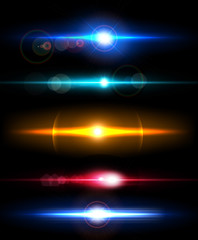 Realistic light glare sparkle, highlight set. Collection of beautiful bright lens flares. Lighting effects of flash.