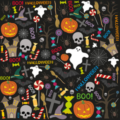 pattern with pumpkin, witch, bats and other Halloween accessories
