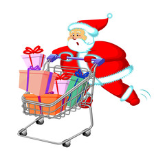 Santa Claus runs and pushes a supermarket cart. The truck can fall.Vector illustration. On a white background.