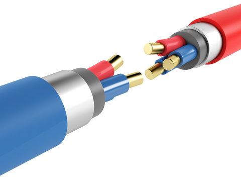 Electric copper armored cable on a white background. 3D rendering