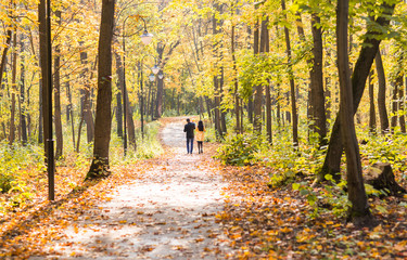 friendly family walking in the park in autumn together