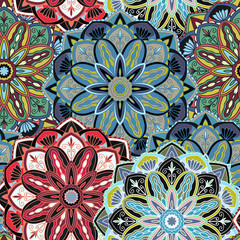 Seamless round ornament pattern for printing on fabric or paper. Hand drawn background. Elements for your design.
