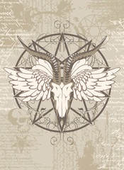 pentagram with the image of a goat skull on the background of the papyrus with occult symbols