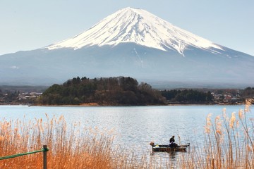  kawaguchiko lake with fuji mountain background
