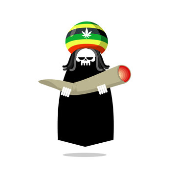 Rasta death offers joint or spliff. Rastafarian dreadlocks skull