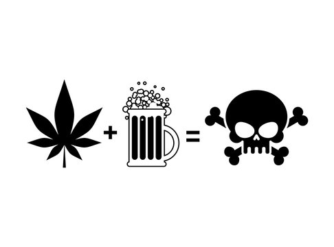 Alcohol and drugs is death. Mug of beer and marijuana leaf is eq