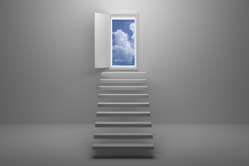 3D Rendering : illustration of stair or steps up to the sky in a door against white wall and floor,Opened door to blue sky and stair in white room with shadow.business success concept