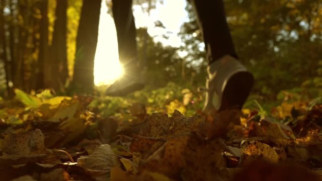 Defocused girl running on fallen autumn leaves in sunny forest. Blazing sun. Super slow motion background bokeh shot