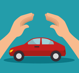 protective hands holding a car. security insurance service. colorful design. vector illustration