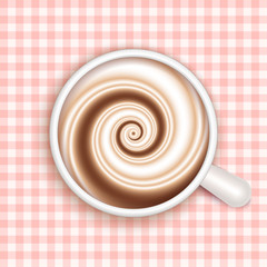 Coffee with milk, full cup, top view, vector.