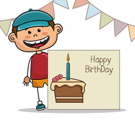 avatar  boy smiling and happy birthday card with sweet cake. colorful design. vector illustration