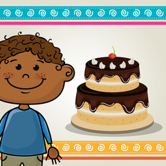 avatar boy smiling with happy birthday cake sweet dessert with candles and decorations. vector illustration