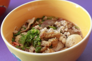 Close up thai spicy pork noodle