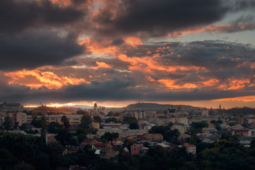 Sunset over the old European city