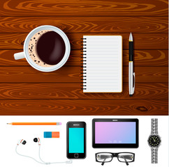 Coffee And Notepad On Wooden Table Composition